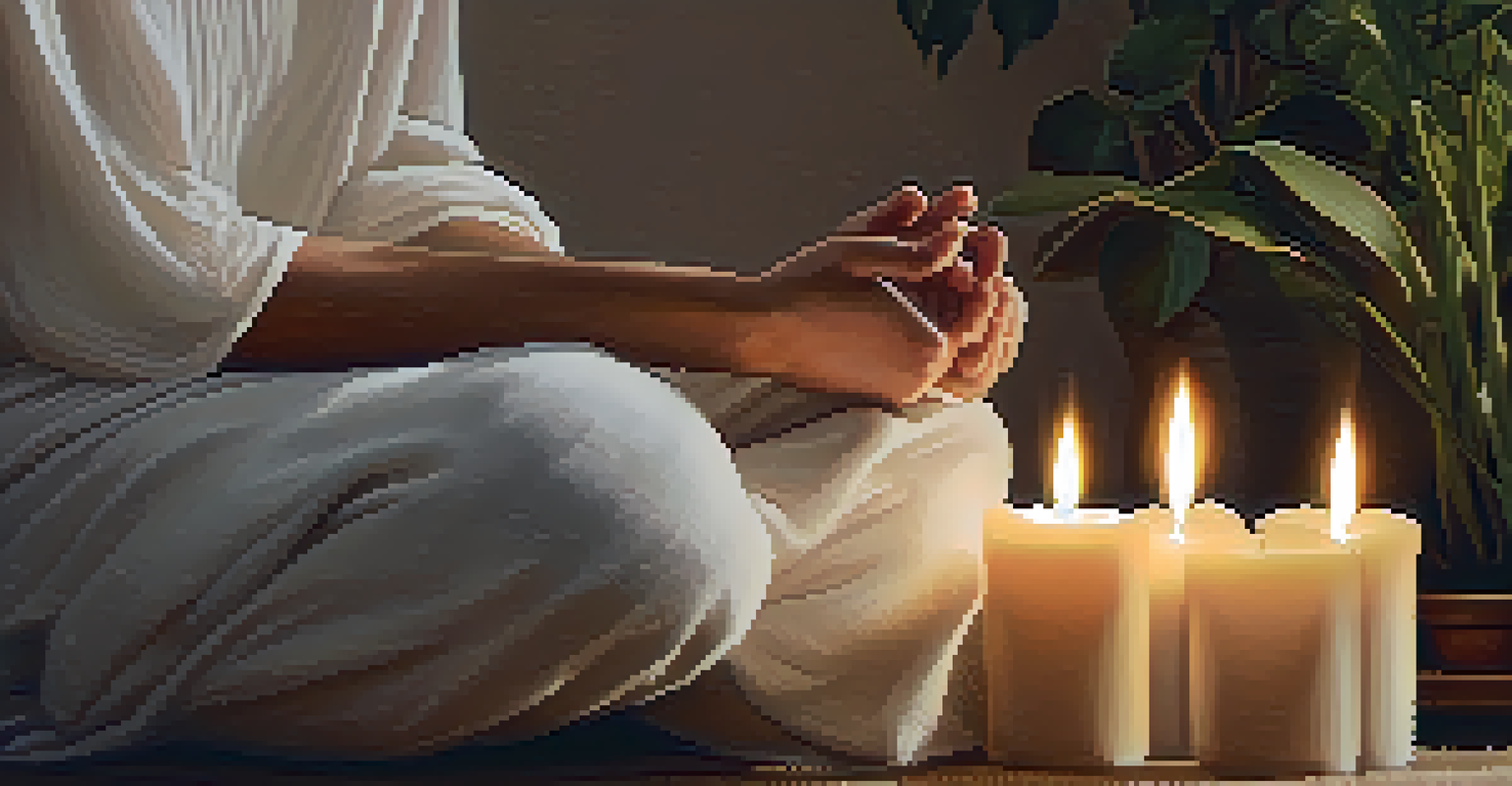 Close-up of hands in a meditative gesture, surrounded by a softly lit room with candles and plants.