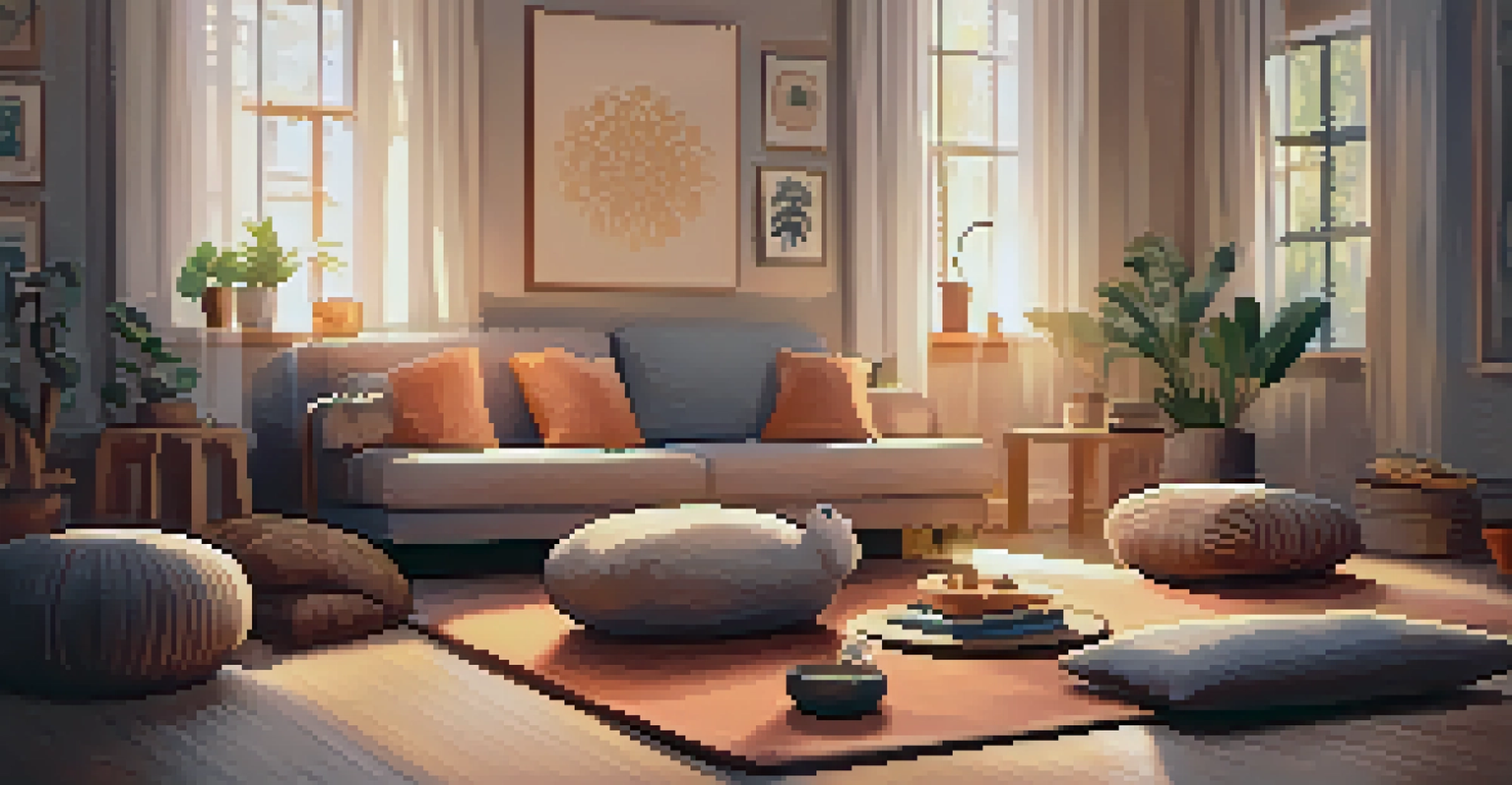 A cozy living room with a person practicing Restorative Yoga, surrounded by props like bolsters and blankets, in a peaceful atmosphere.