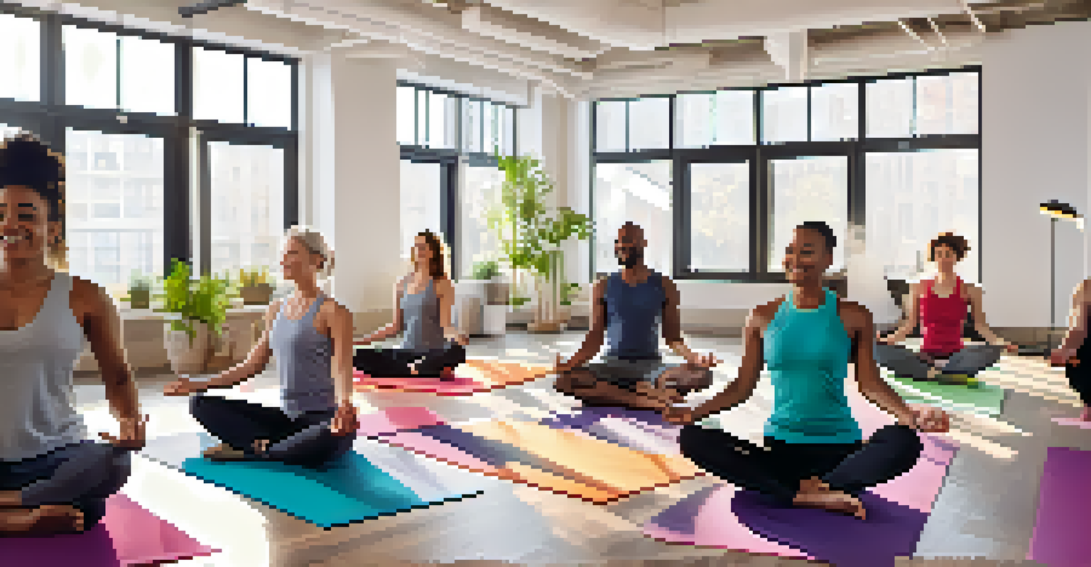 A group of colleagues enjoying a team yoga session in a bright office, practicing together on colorful mats.