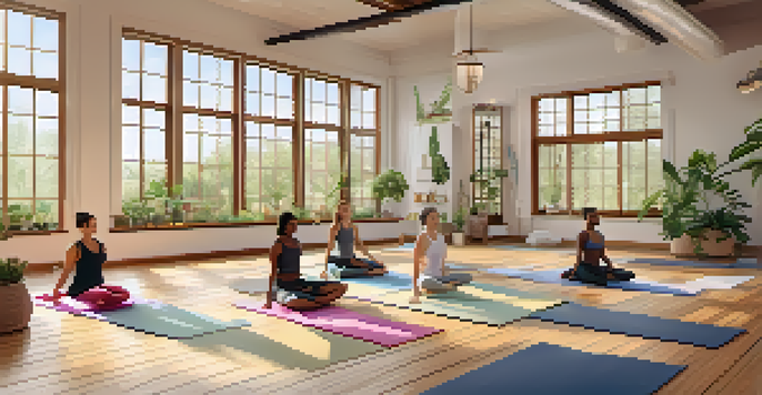 A peaceful yoga studio with diverse practitioners in various poses, surrounded by natural light and greenery.