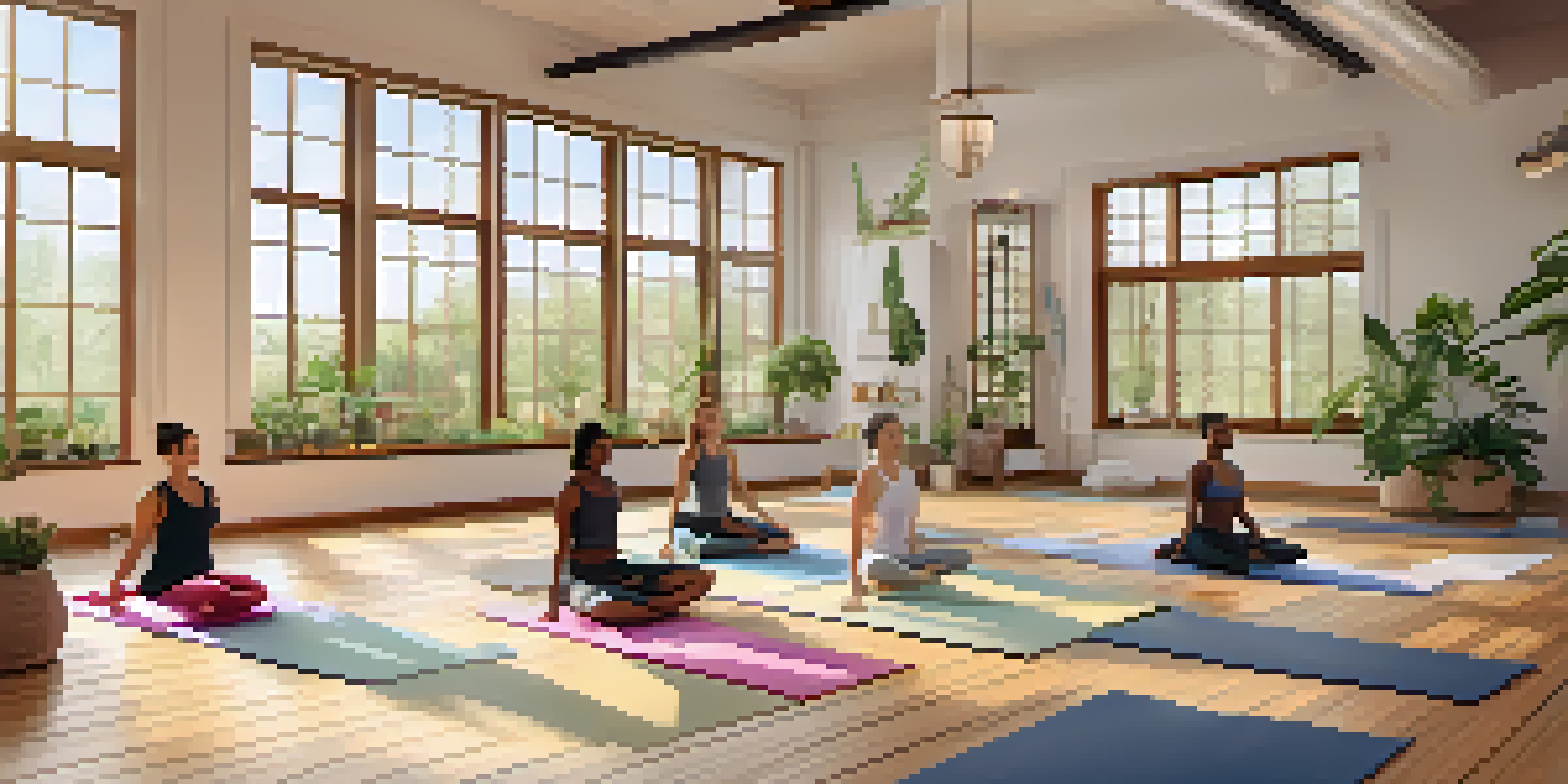 A peaceful yoga studio with diverse practitioners in various poses, surrounded by natural light and greenery.