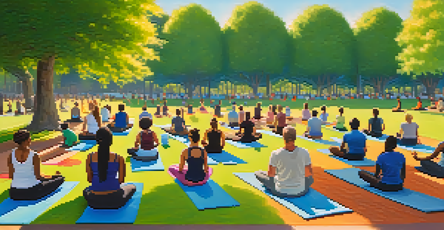 A diverse group of people participating in an outdoor yoga class in a sunny park, surrounded by nature.