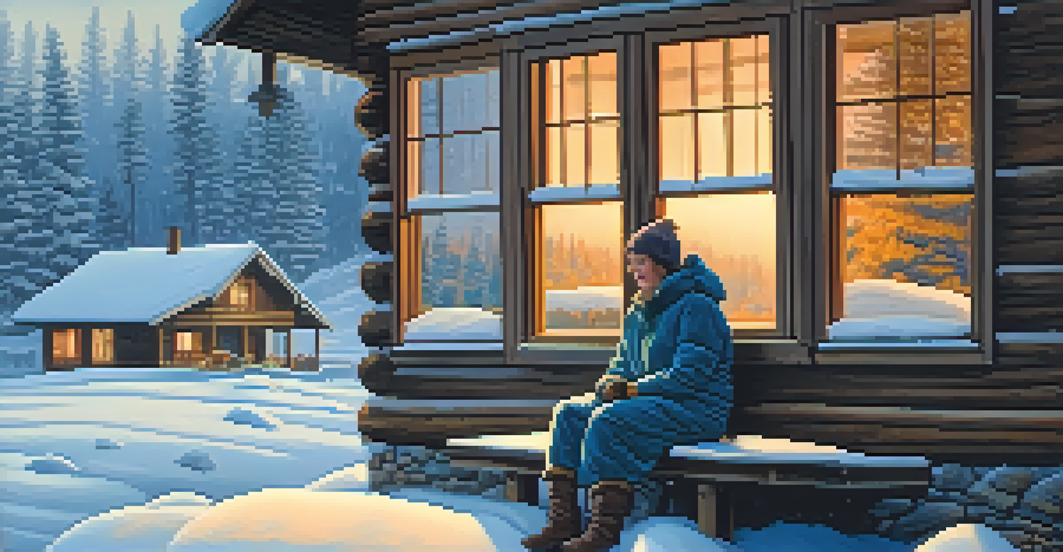 A person practicing alternate nostril breathing on a snowy cabin porch, wrapped in a blanket.
