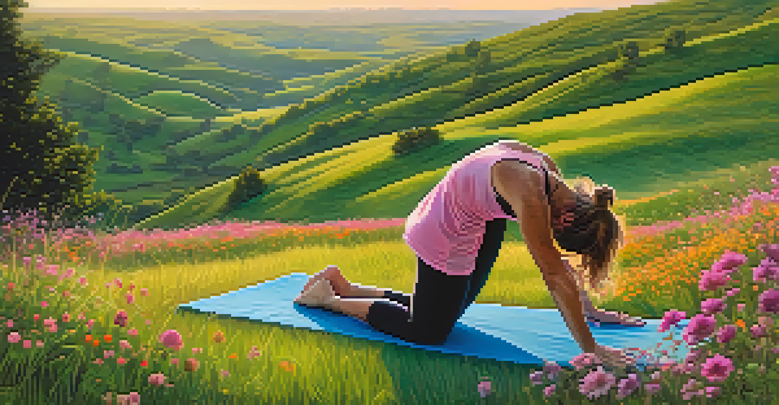 A person practicing Downward Dog yoga pose on a grassy hillside at sunrise, surrounded by vibrant flowers.