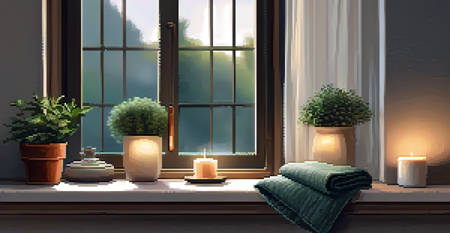 A cozy yoga corner with a bolster, blanket, and candles, illuminated by soft natural light.