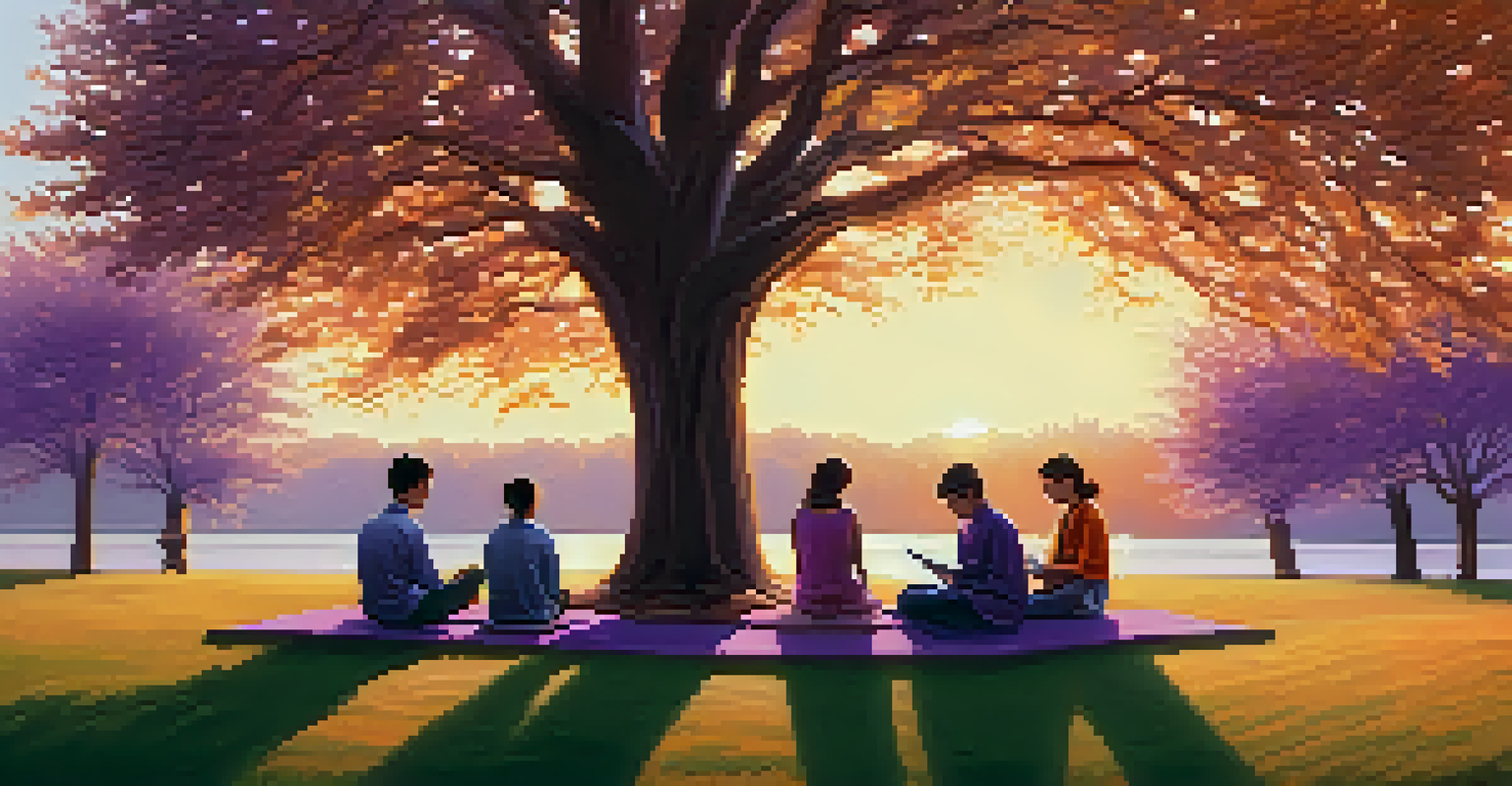 A park at sunset with people reading, meditating, and walking, surrounded by trees and a colorful sky.
