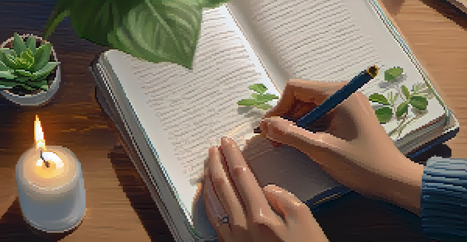 Hands writing intentions in a journal next to a lit candle and a small plant, creating a warm atmosphere.