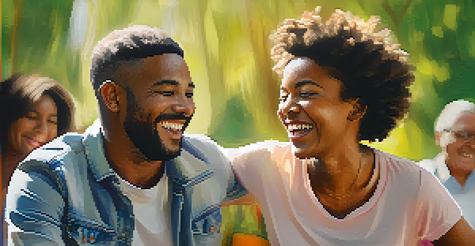Close-up of two people laughing together during a Laughter Yoga class, with sunlight filtering through trees behind them.
