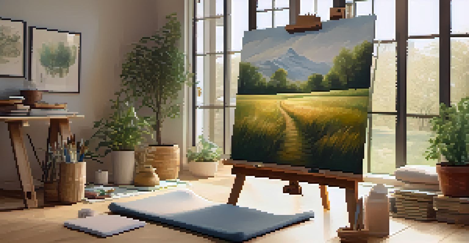 An art workspace with a yoga mat beside an easel and a canvas showing a nature painting.