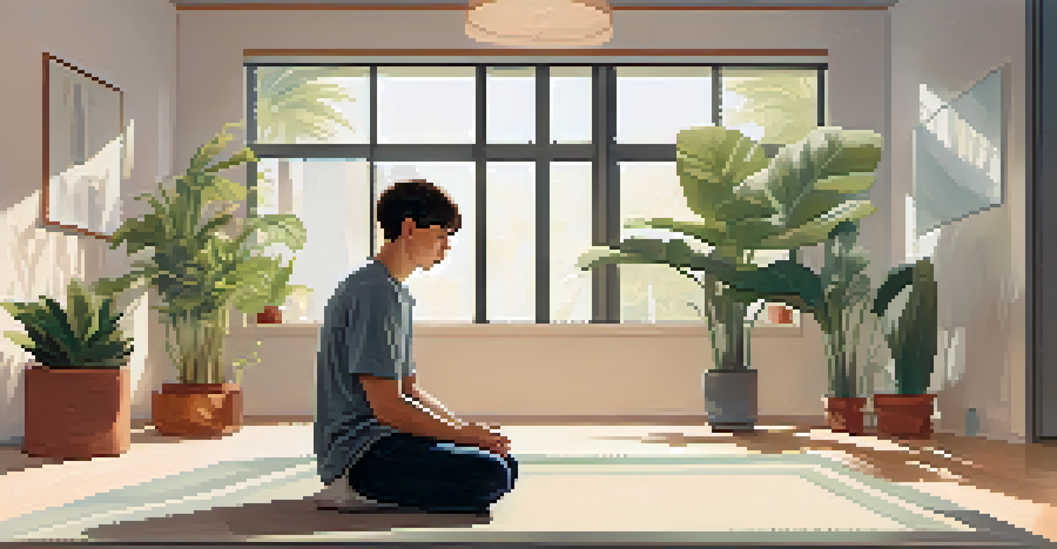 A young man sitting cross-legged practicing box breathing in a calm conference room filled with cushions and plants.