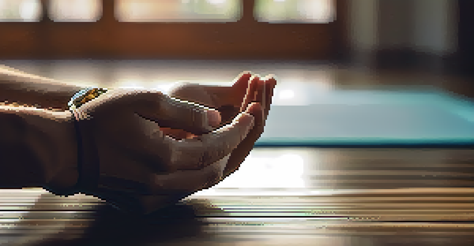 Close-up of an athlete's hands in a meditative gesture in a yoga studio.