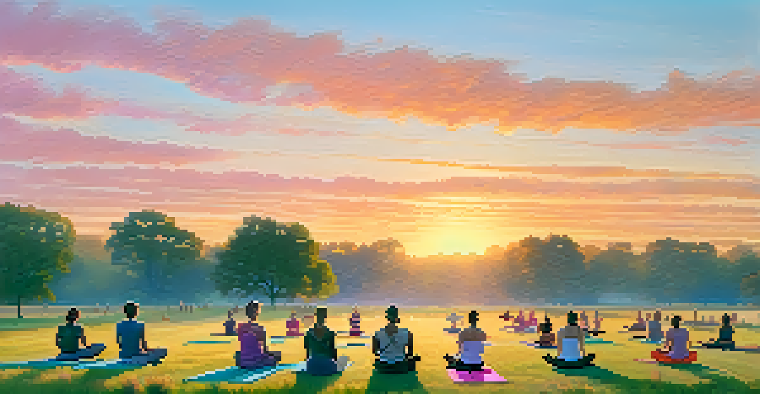 An outdoor yoga class at sunrise, with participants flowing through poses on a grassy field, set against a colorful sky.