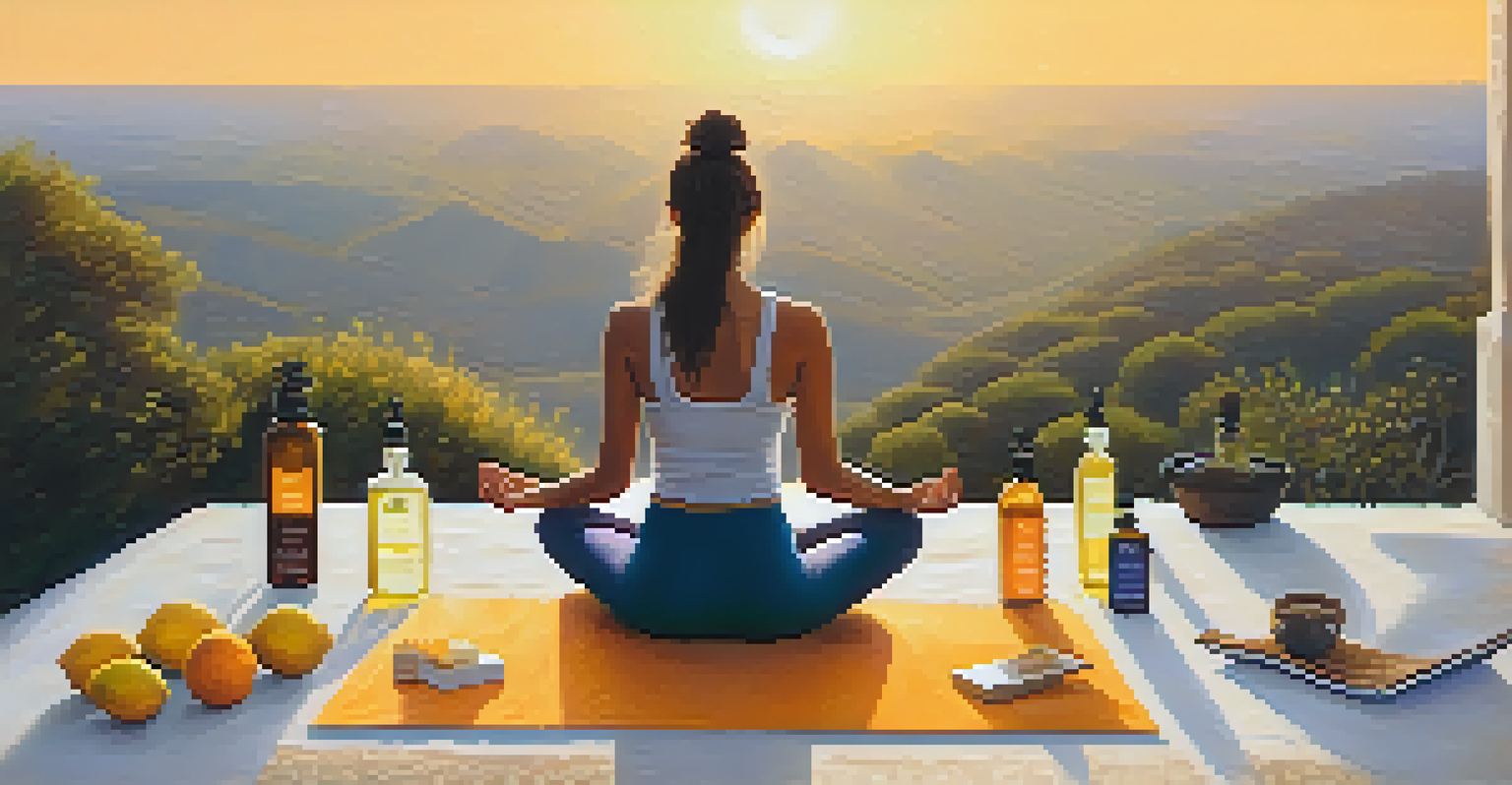A person practicing yoga on a cliff at sunrise with essential oil bottles beside them against a scenic backdrop.