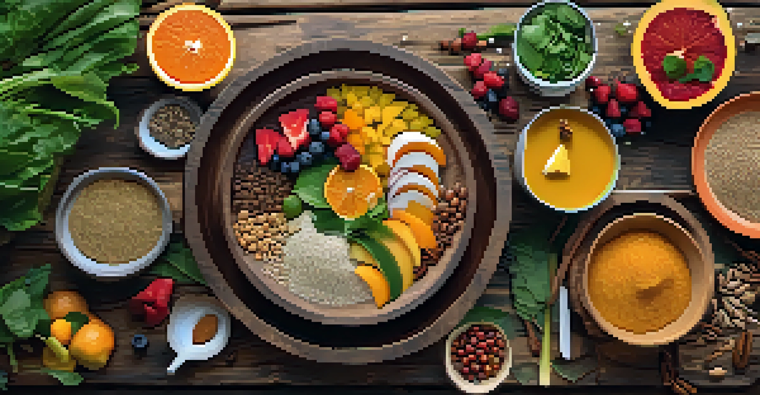 An artistic display of an Ayurvedic meal featuring colorful fruits, vegetables, and grains on a wooden table.