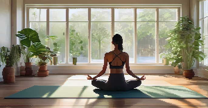 A peaceful yoga studio with a practitioner sitting cross-legged on a mat, demonstrating diaphragmatic breathing with plants and soft light.