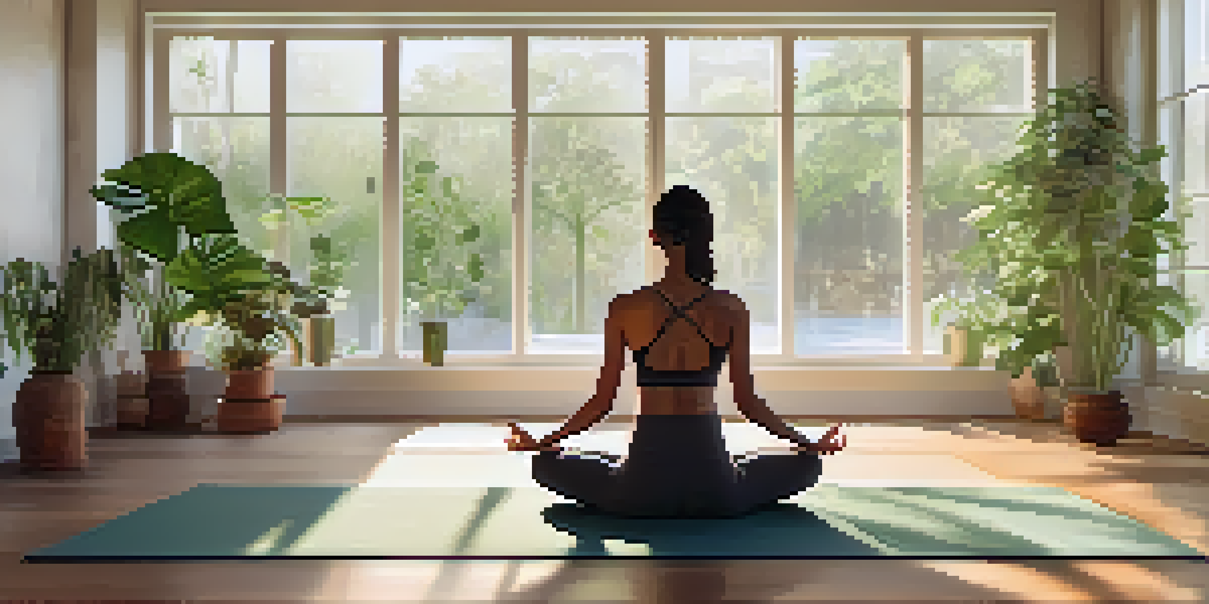 A peaceful yoga studio with a practitioner sitting cross-legged on a mat, demonstrating diaphragmatic breathing with plants and soft light.