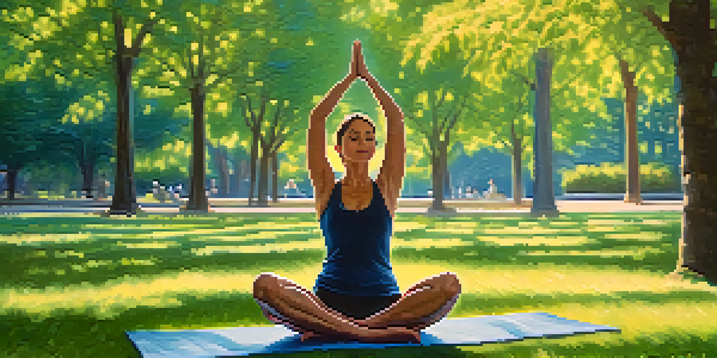 A person practicing tree pose in a peaceful park, surrounded by green trees and a clear sky.