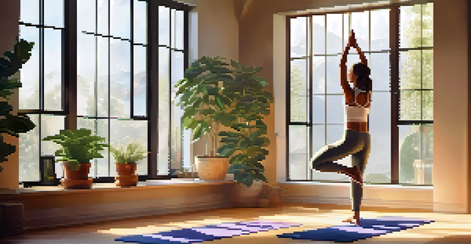 A person practicing Mountain Pose in a bright yoga studio filled with plants and sunlight.