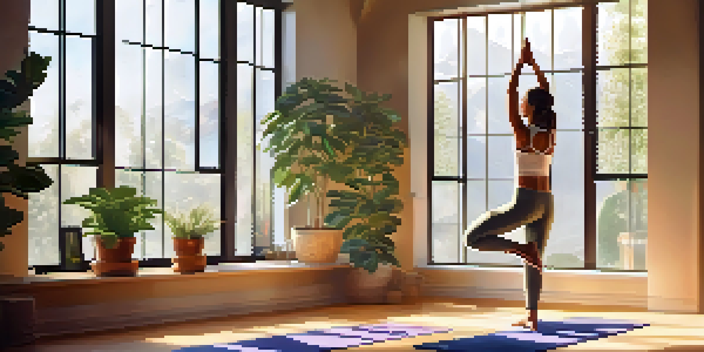 A person practicing Mountain Pose in a bright yoga studio filled with plants and sunlight.