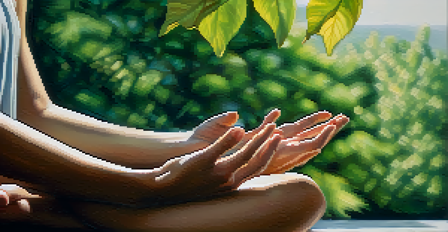 A close-up of hands in a meditative pose with a blurred background of lush greenery and sunlight, symbolizing self-discovery and tranquility.