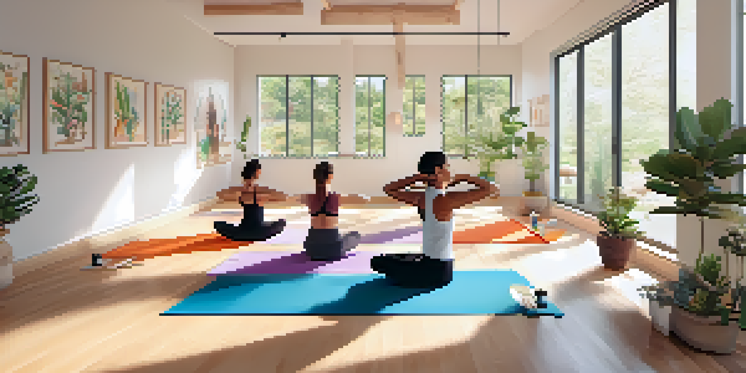 A peaceful yoga studio with women practicing yoga poses on colorful mats, surrounded by plants and natural light.