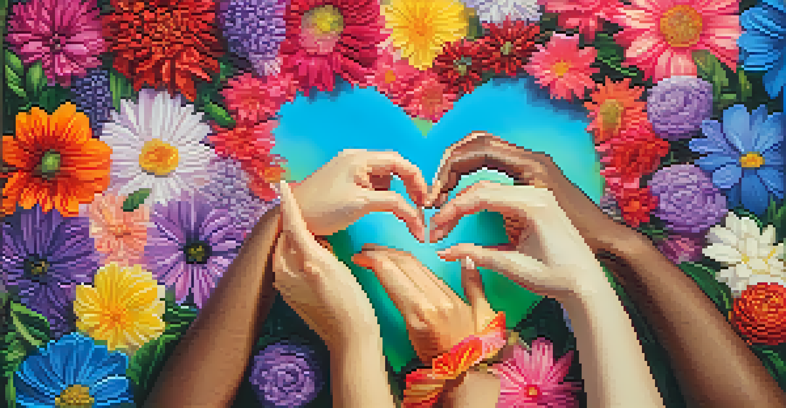 Close-up of hands forming a heart shape surrounded by colorful flowers, symbolizing compassion and unity.