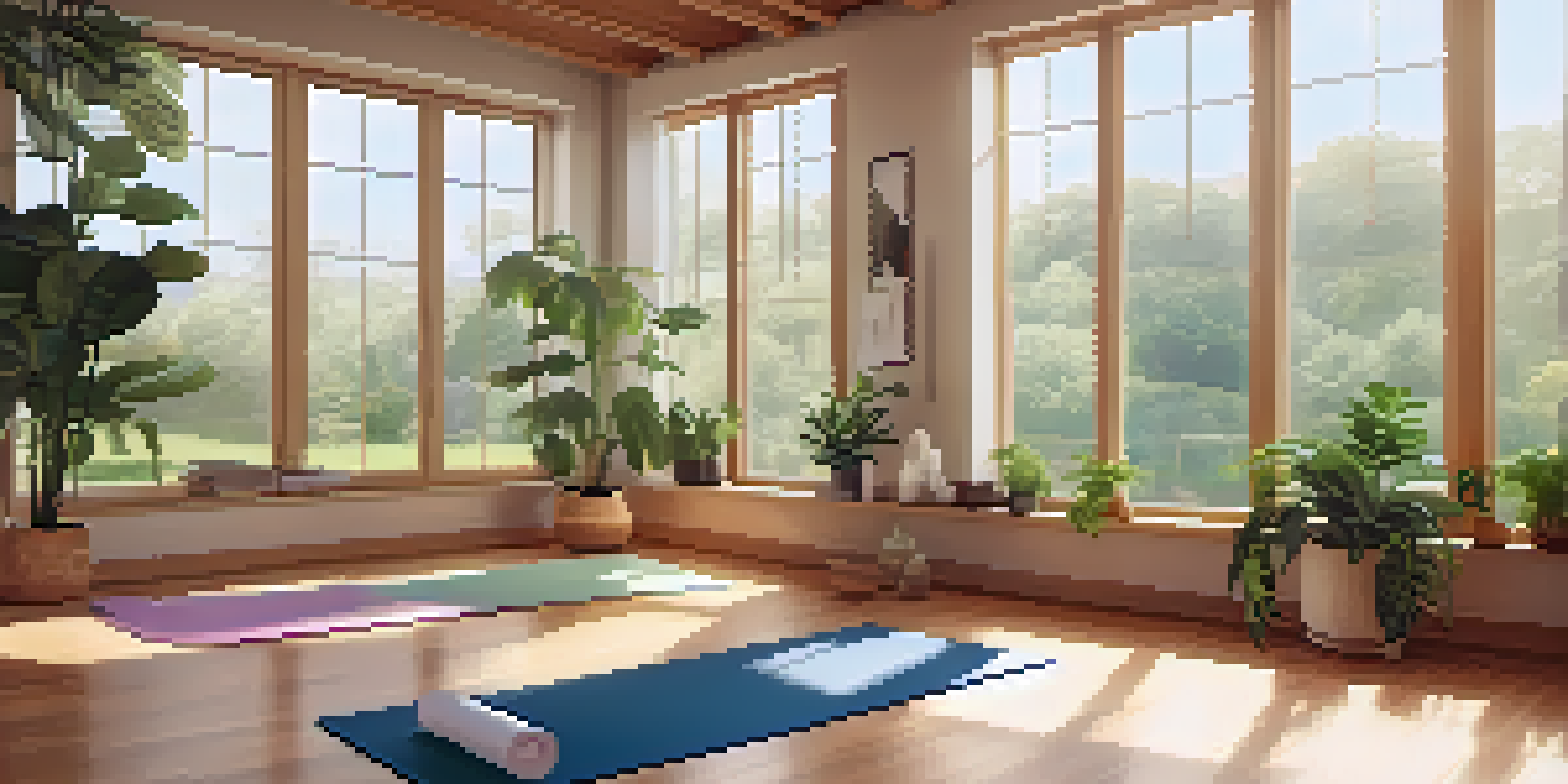 A peaceful yoga studio with morning light streaming through large windows, featuring yoga mats and a person practicing a gentle yoga pose.