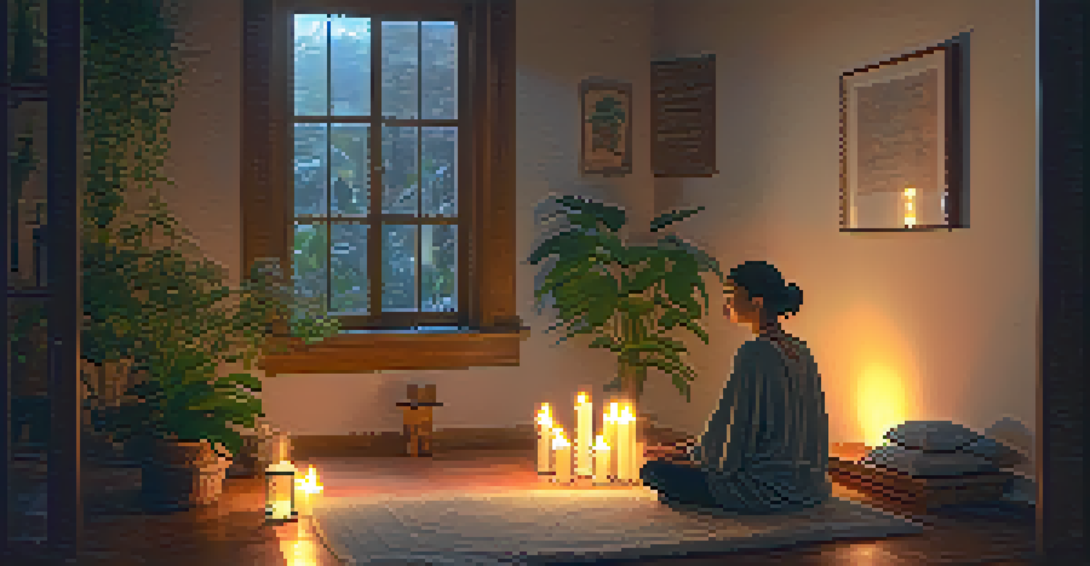 A person meditating indoors surrounded by candles and plants, with warm candlelight creating a peaceful atmosphere.