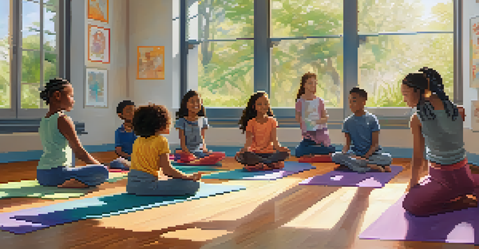 A bright classroom filled with students practicing yoga on colorful mats, showcasing diversity and inclusivity.