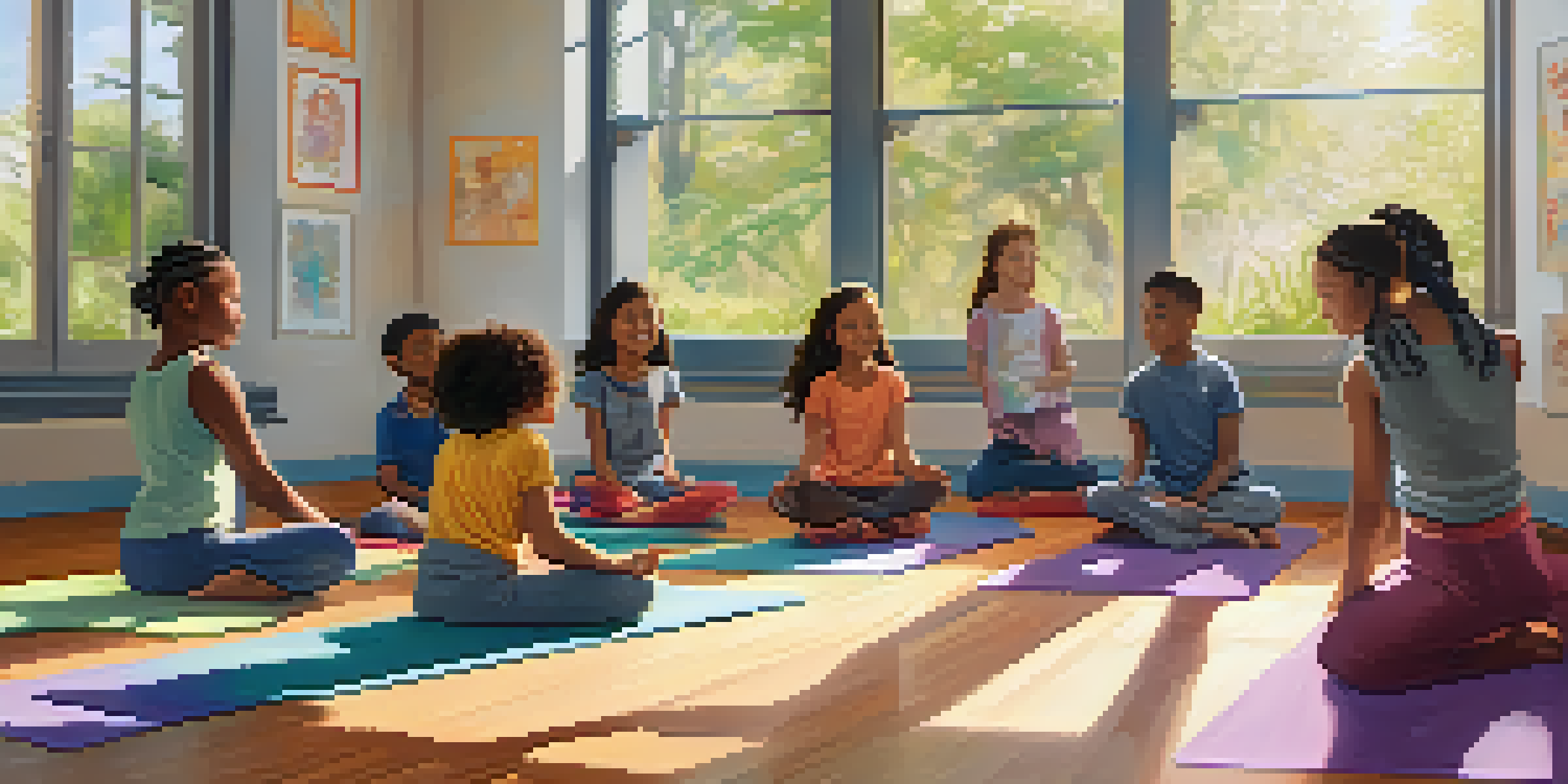 A bright classroom filled with students practicing yoga on colorful mats, showcasing diversity and inclusivity.