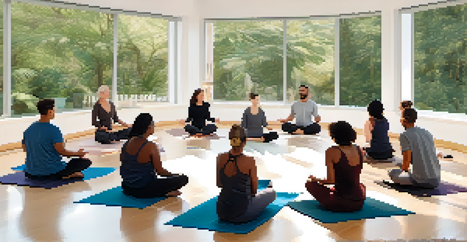 A diverse group of people in a breathwork class, seated in a circle in a bright studio, with an instructor leading the session, emphasizing support and community.