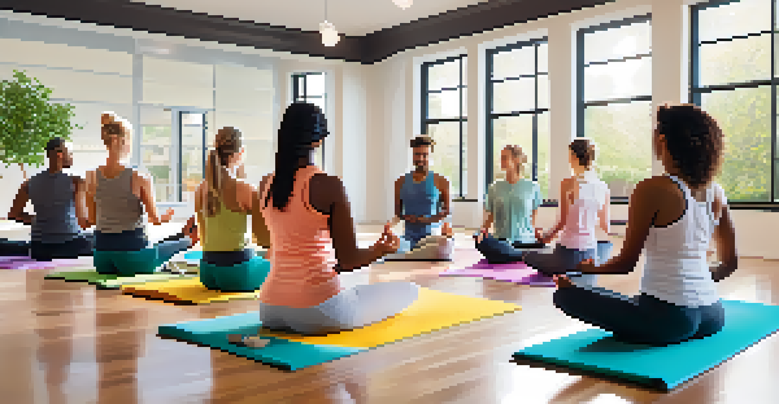 A diverse group of professionals participating in a group yoga session in a bright conference room.