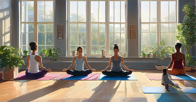 A peaceful yoga studio with people practicing poses in soft morning light, surrounded by calming artwork and plants.
