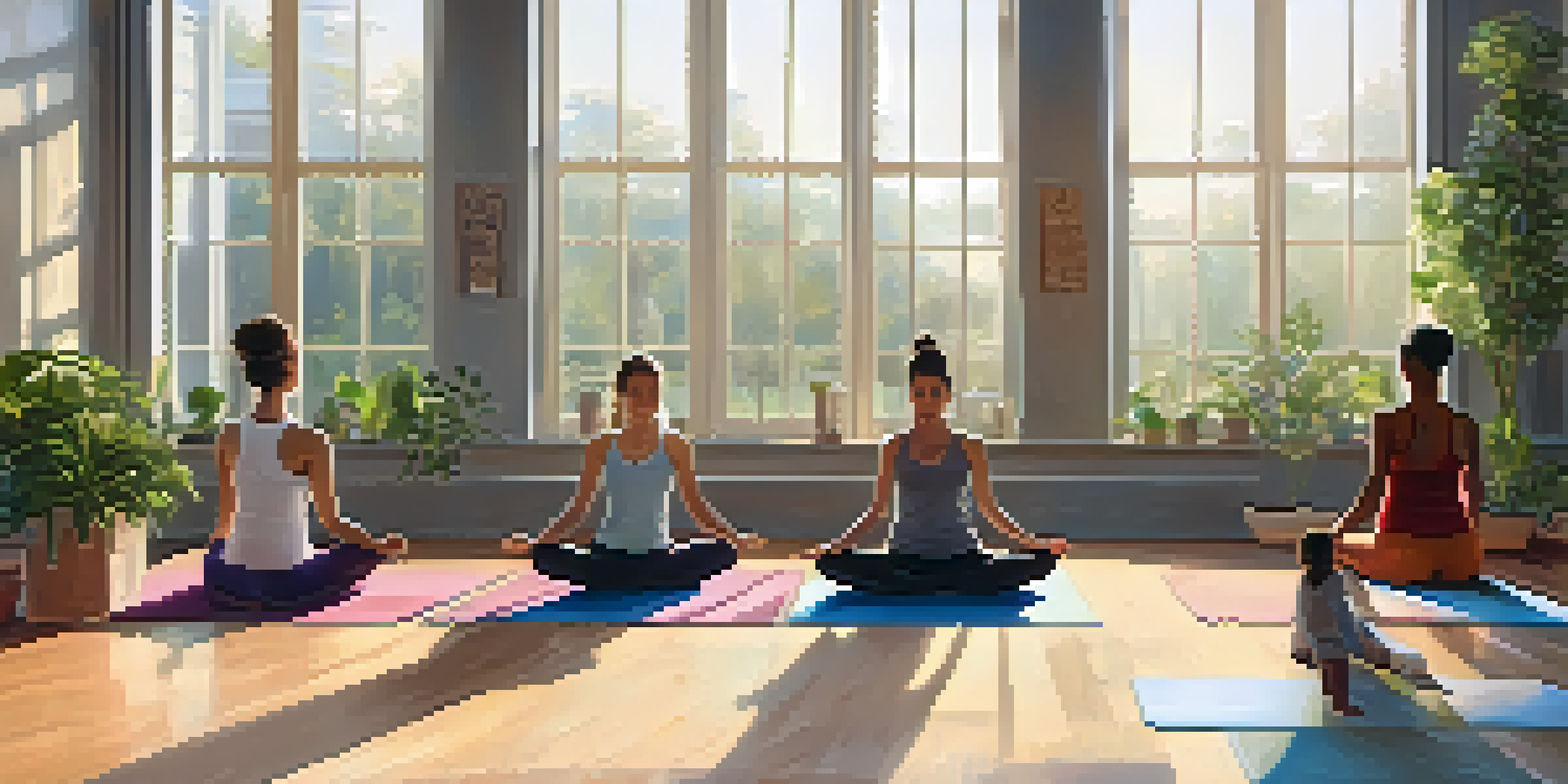 A peaceful yoga studio with people practicing poses in soft morning light, surrounded by calming artwork and plants.