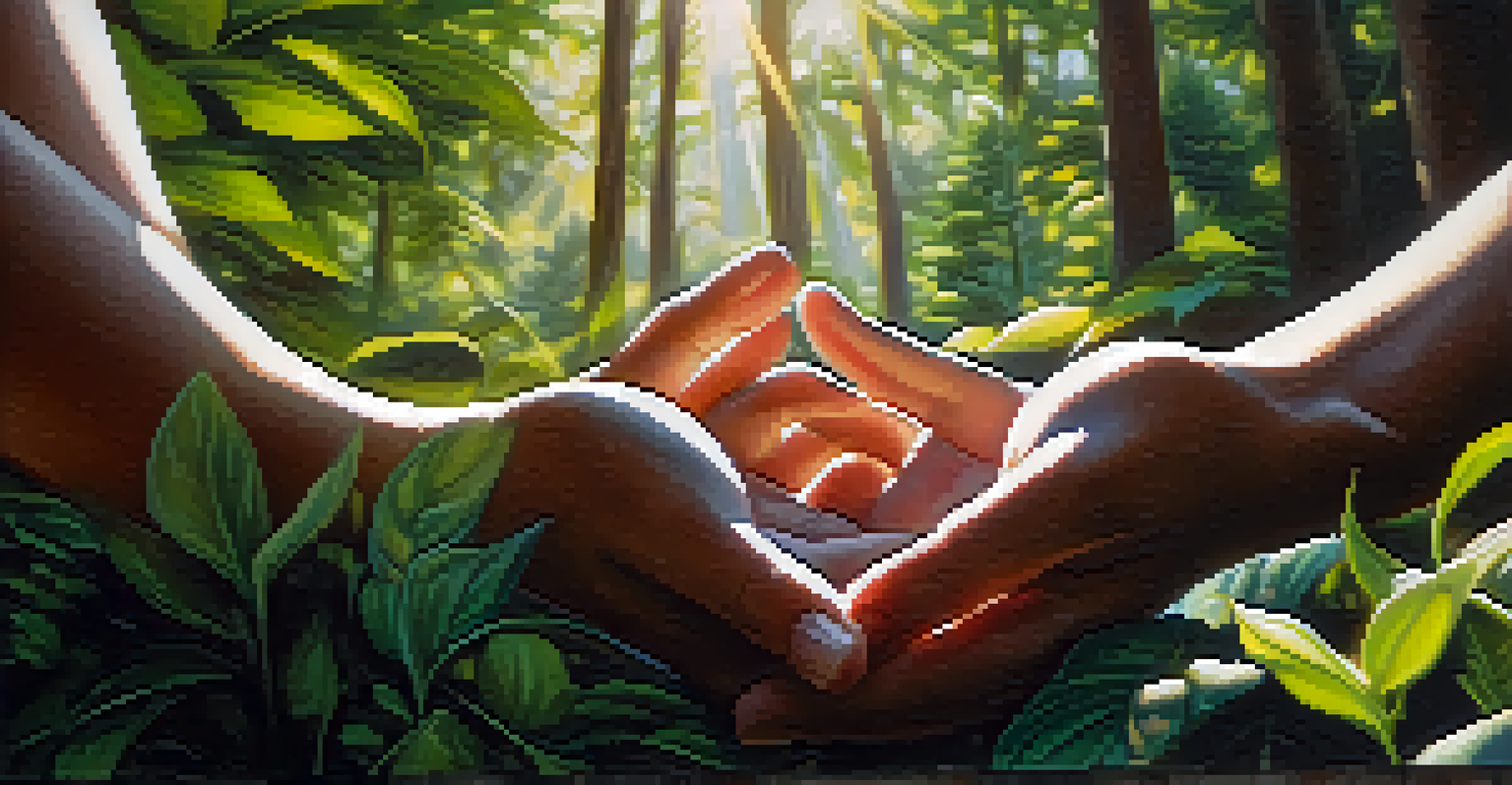 A close-up of hands in a meditative gesture, set against a peaceful natural background with soft sunlight.