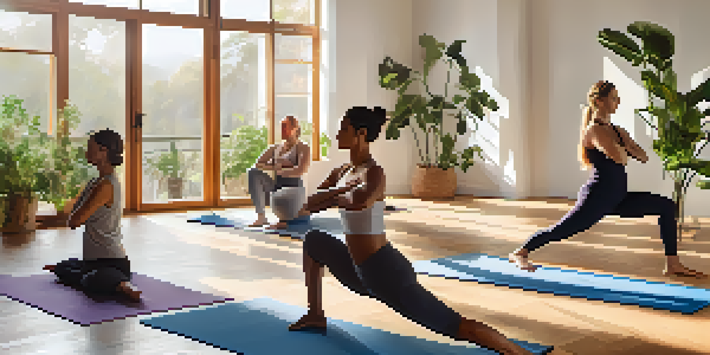 A group of people practicing yoga in a bright studio filled with plants and natural light, displaying calm and focus in their poses.