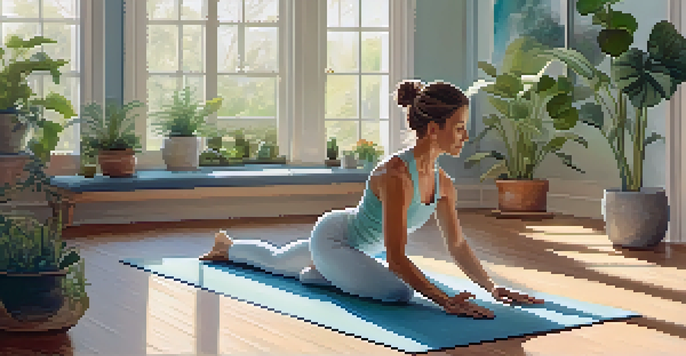 A middle-aged woman practicing yoga in a peaceful room filled with plants and soft natural light.