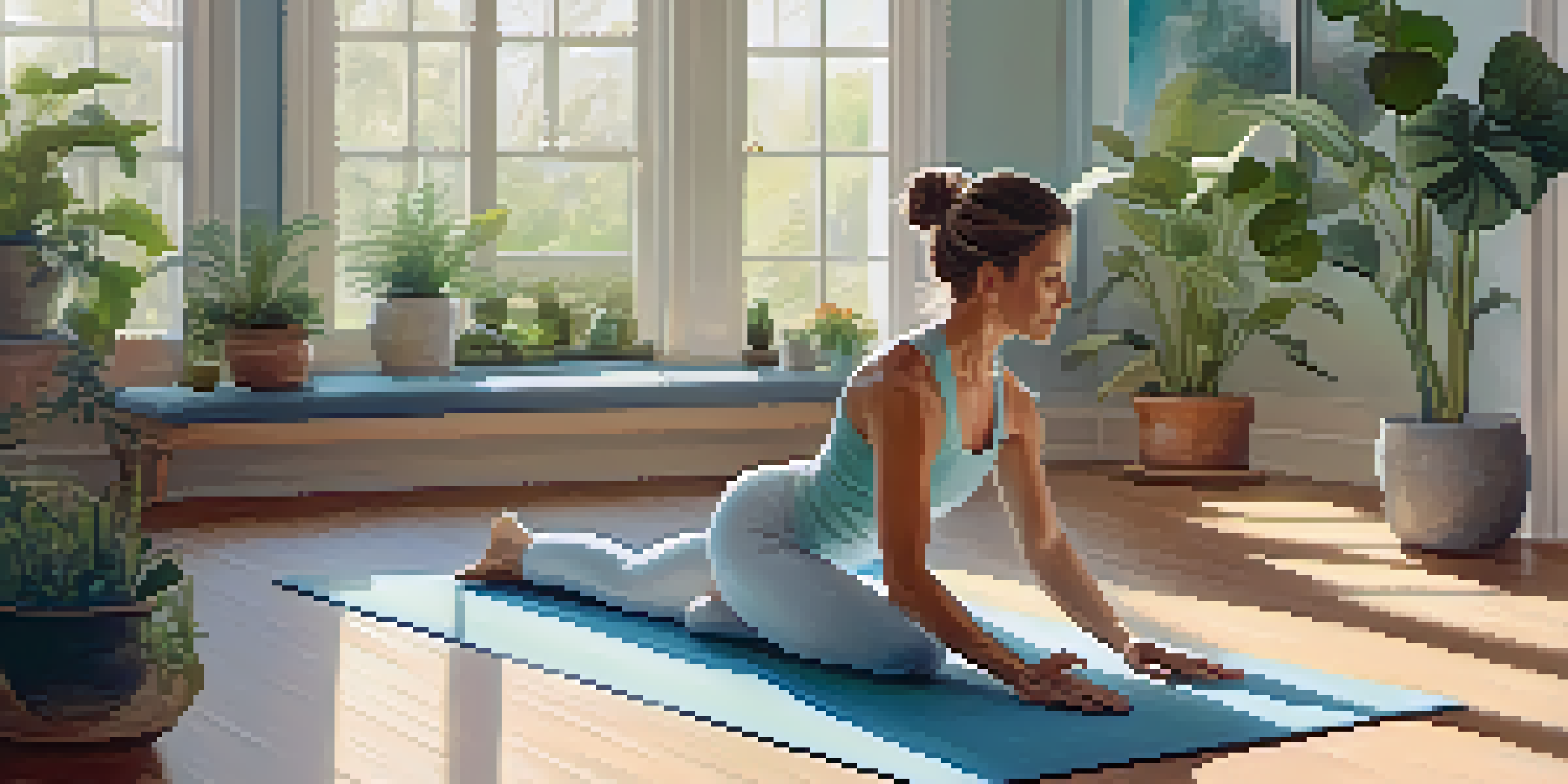 A middle-aged woman practicing yoga in a peaceful room filled with plants and soft natural light.