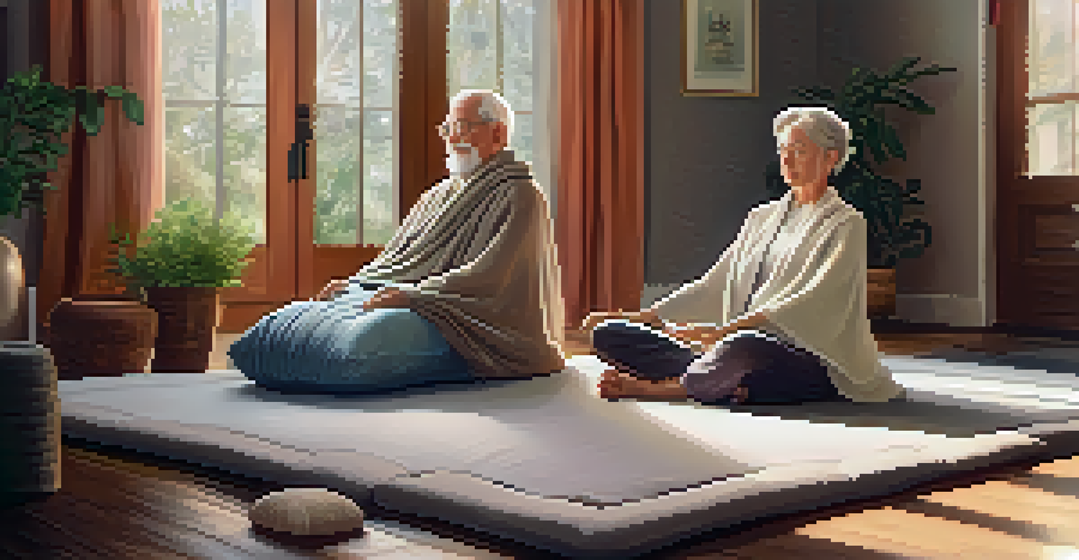 A senior couple practicing restorative yoga in a cozy corner with bolsters and blankets.