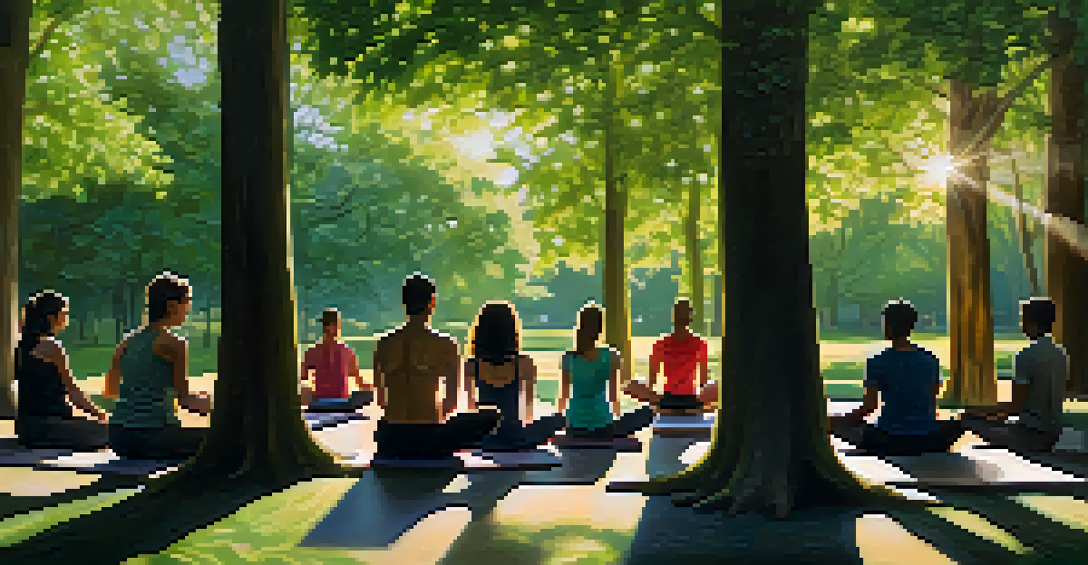 A group of people practicing breath awareness in a sunny green park, seated in a circle on yoga mats.