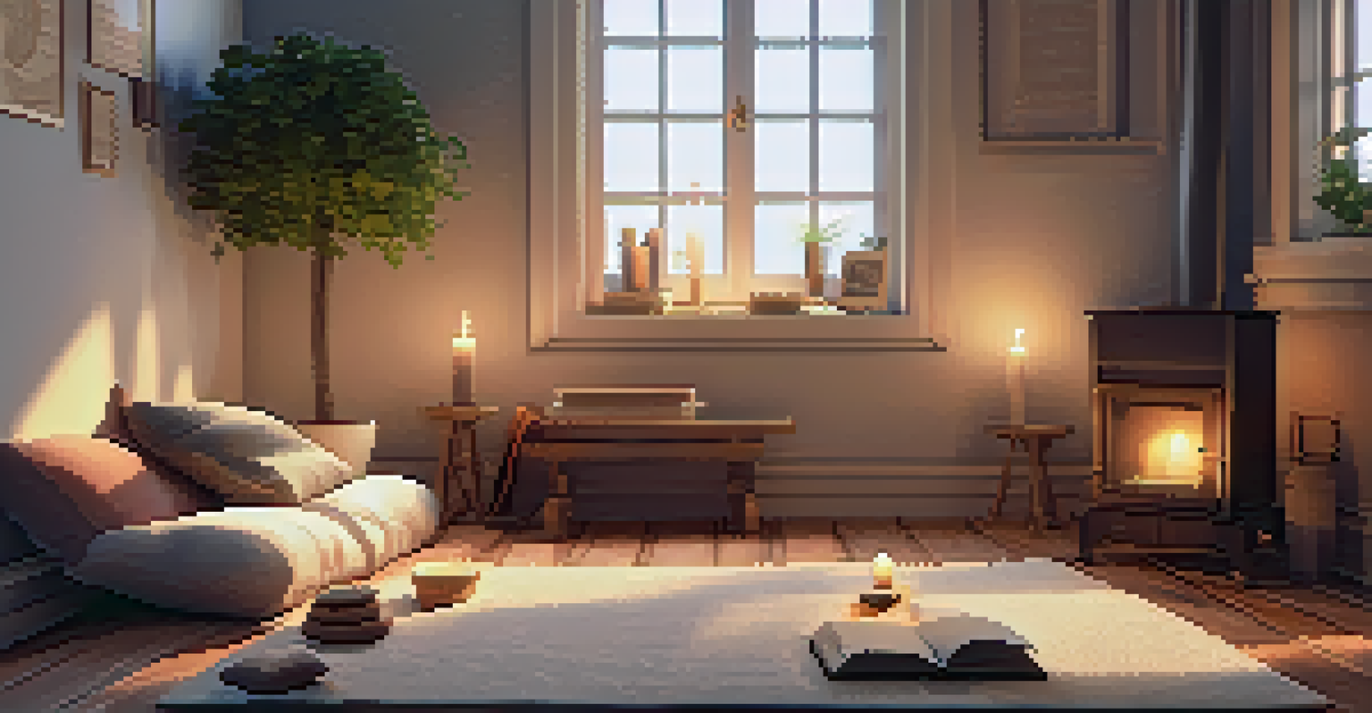 A person sitting on a rug in a cozy corner, writing in a journal with candles and plants around.