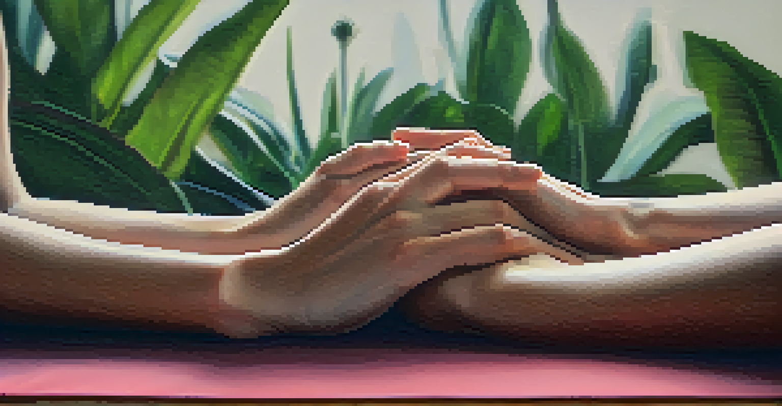 A close-up of two hands resting on a yoga mat, with a softly blurred background of plants, symbolizing mindfulness and connection.
