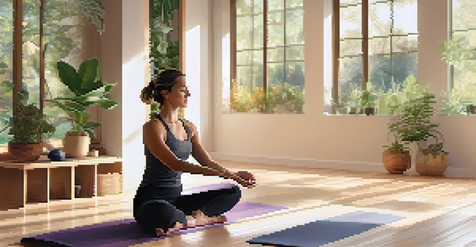 A person practicing a forward bend pose in a softly lit yoga studio with nature-themed artwork and plants.