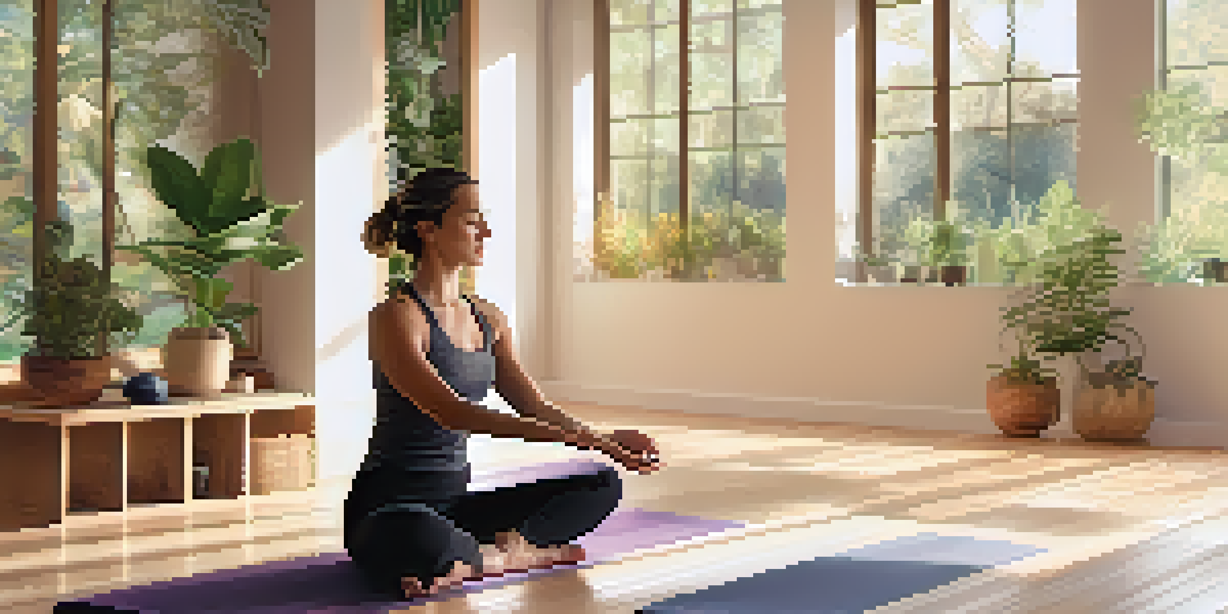 A person practicing a forward bend pose in a softly lit yoga studio with nature-themed artwork and plants.