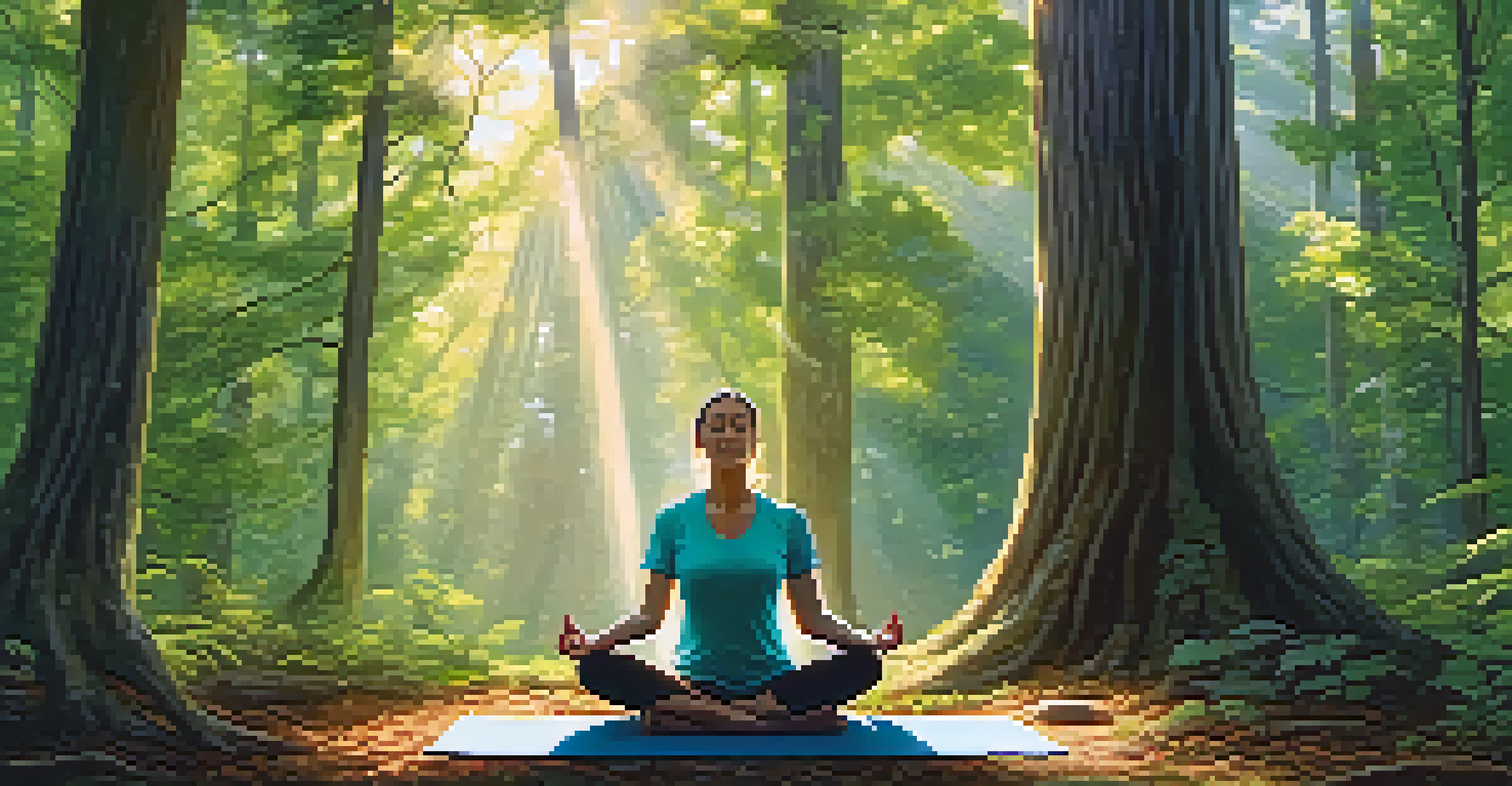 An individual meditating on a yoga mat in a tranquil forest, surrounded by tall trees and sunlight filtering through the leaves.
