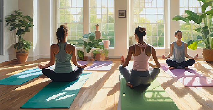 A group of young adults practicing yoga in a bright, sunlit studio with wooden floors and plants.