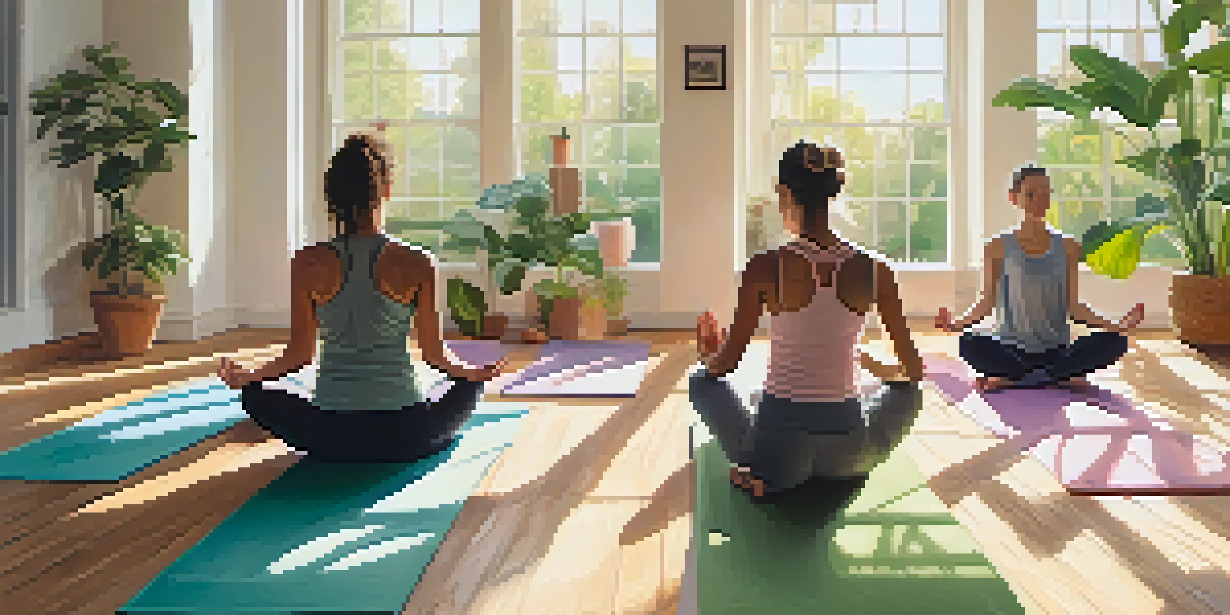 A group of young adults practicing yoga in a bright, sunlit studio with wooden floors and plants.
