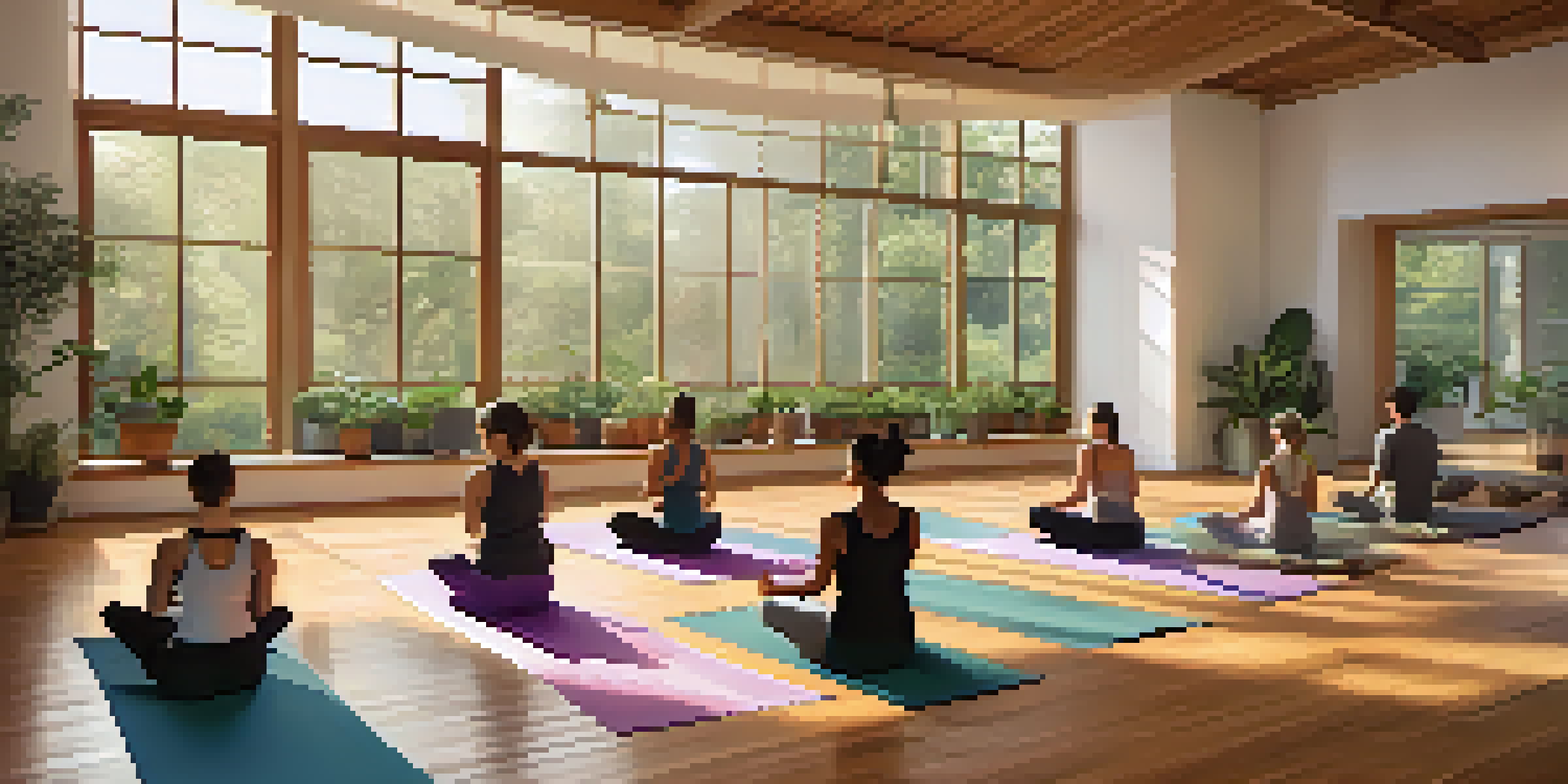 A peaceful yoga studio filled with people practicing yoga poses in a serene environment, with sunlight streaming through large windows.