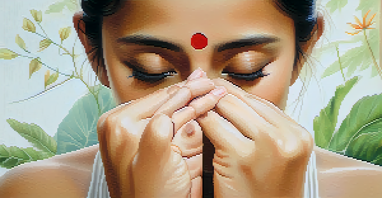 Close-up of hands in a Nadi Shodhana pose, demonstrating alternate nostril breathing with a softly blurred tranquil background.