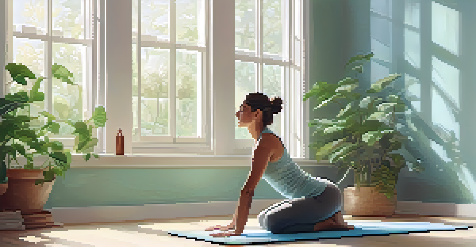 A yoga studio with a person in Child's Pose on a yoga mat, surrounded by plants and bathed in natural light.